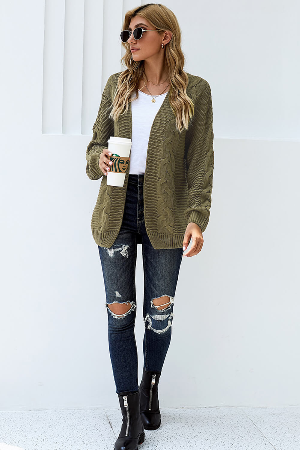 Women's Fashion Olive Chunky Wide Long-Sleeve Knit Cardigan
