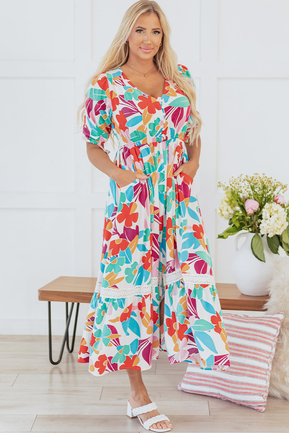 Floral Knot Buttoned Front Split Lace Maxi Dress