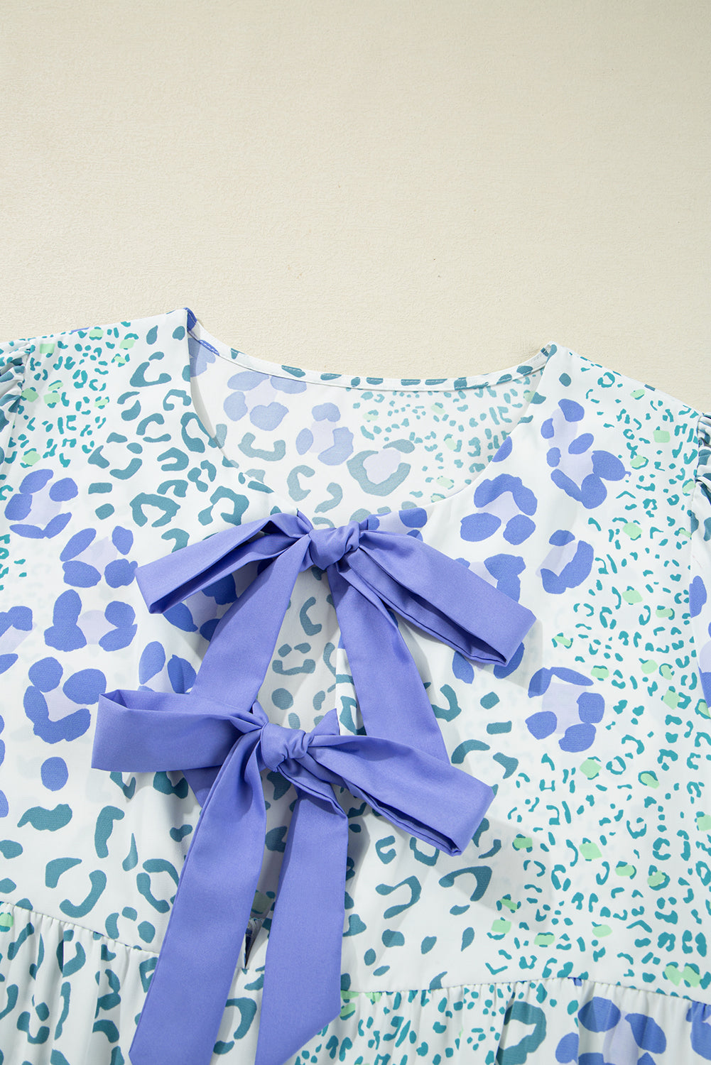 Bow Leopard Contrast Puff Sleeve Mini Dress