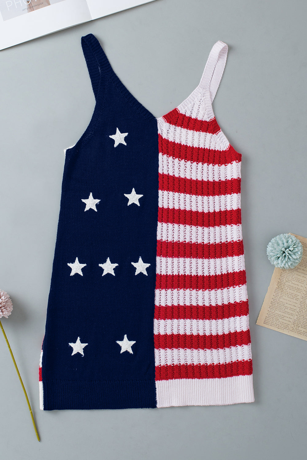 Women's Tank with Stars Stripes Flag Pattern Knitted