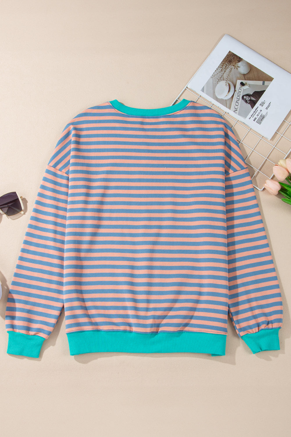 Rib-Knit Striped Contrast Trim Crossed Stitch Drop-Shoulder Sweatshirt
