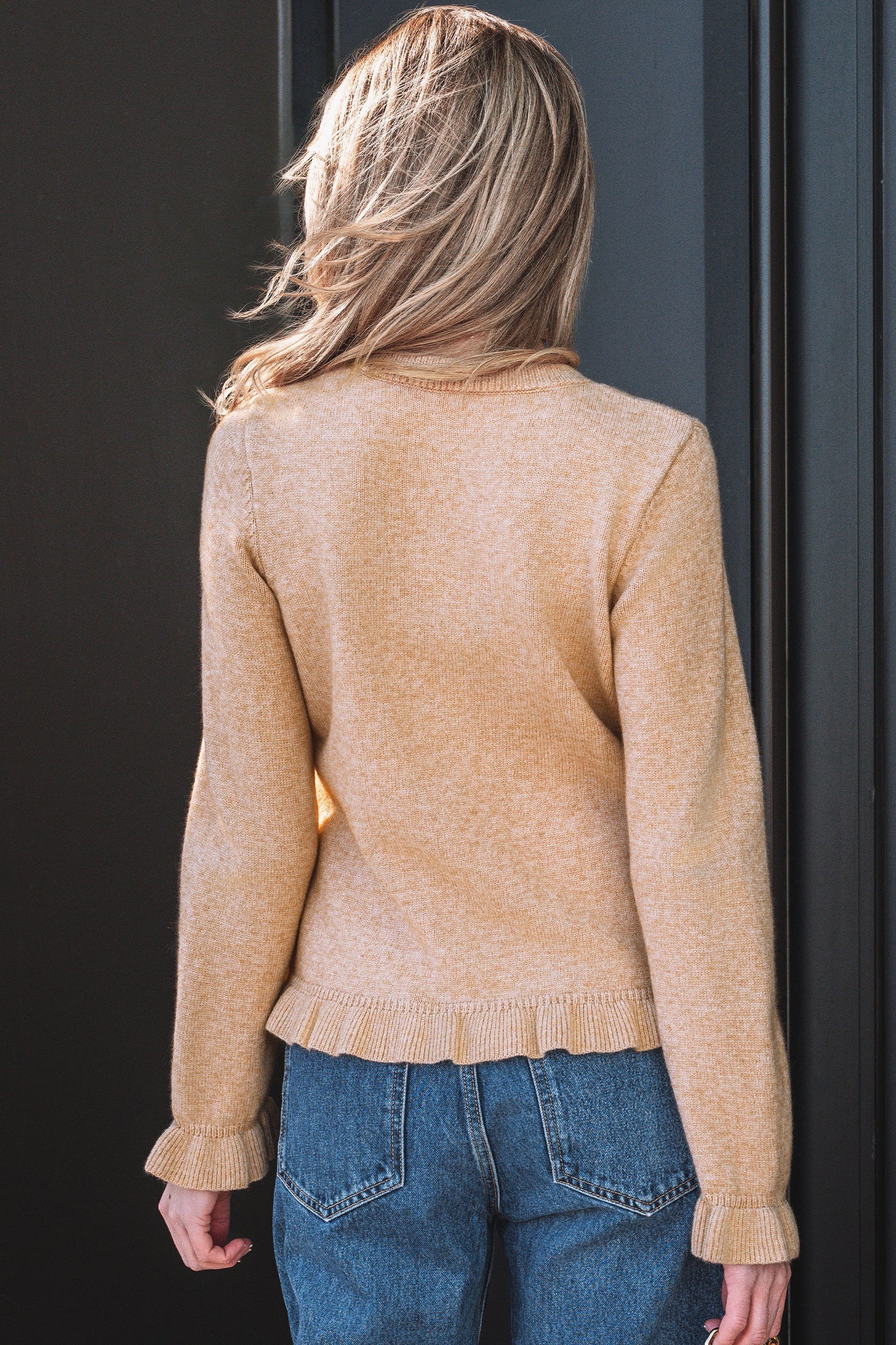 Gold Ruffle Trim Button Cardigan Knit Top