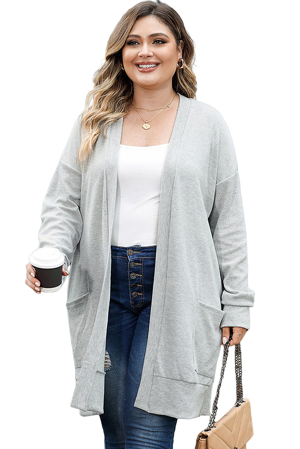 Women's Cardigan Featuring Thermal Knitted Pocket-Detail Plus Size