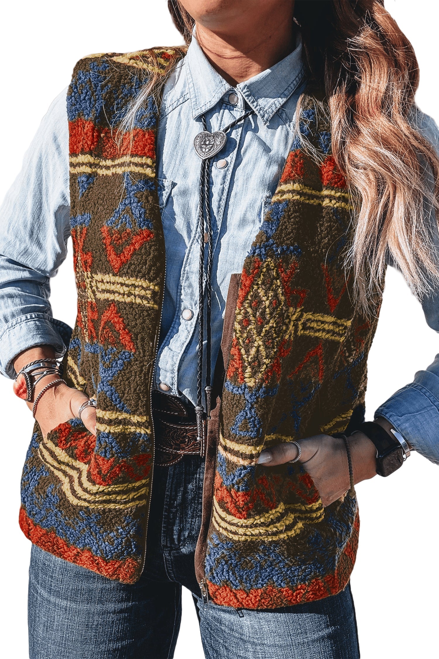 Western Fur Print Faux Metal Zip Insert Pockets Vest in Multicolour