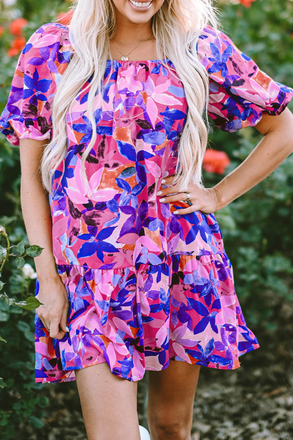 Women's Dresses with Flower Short-Sleeve Ruffle-Trimmed