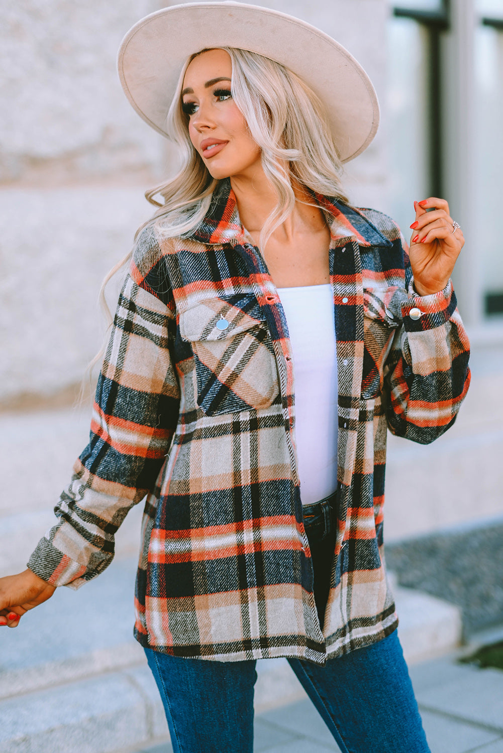 Shacket for Women Pocket-Detail Geometric Plaid