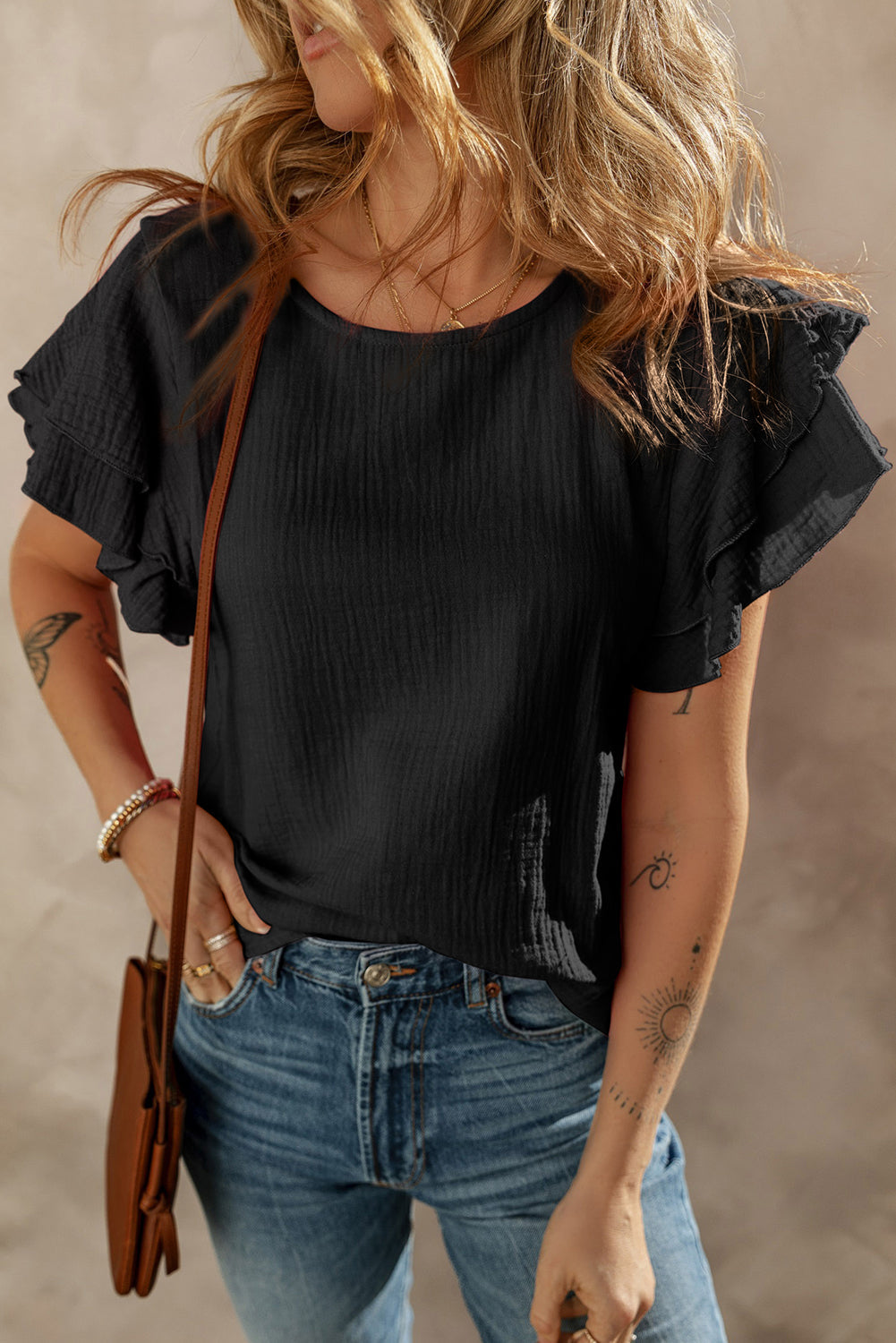 Crinkled Cotton Gauze Ruffle Sleeve Blouse