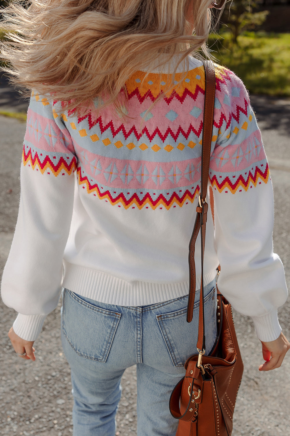 Colorblock Ethnic Geometric Print Drop-Shoulder Knit Top