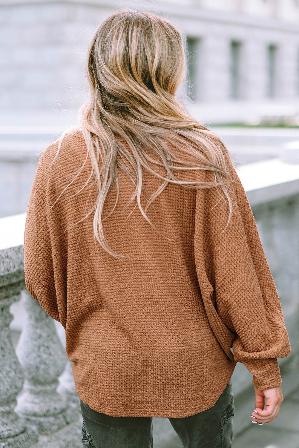 Knit Top for Women Drawcord Waffle V Neck