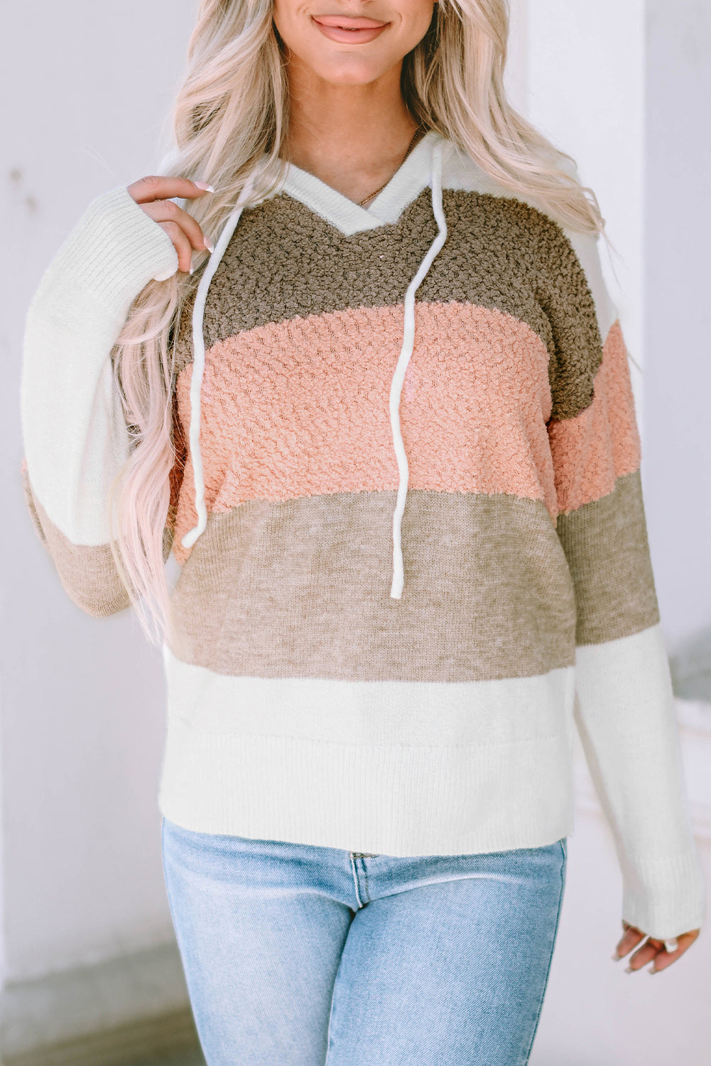 Women's Hooded Sweater Featuring Knitted Drawcord