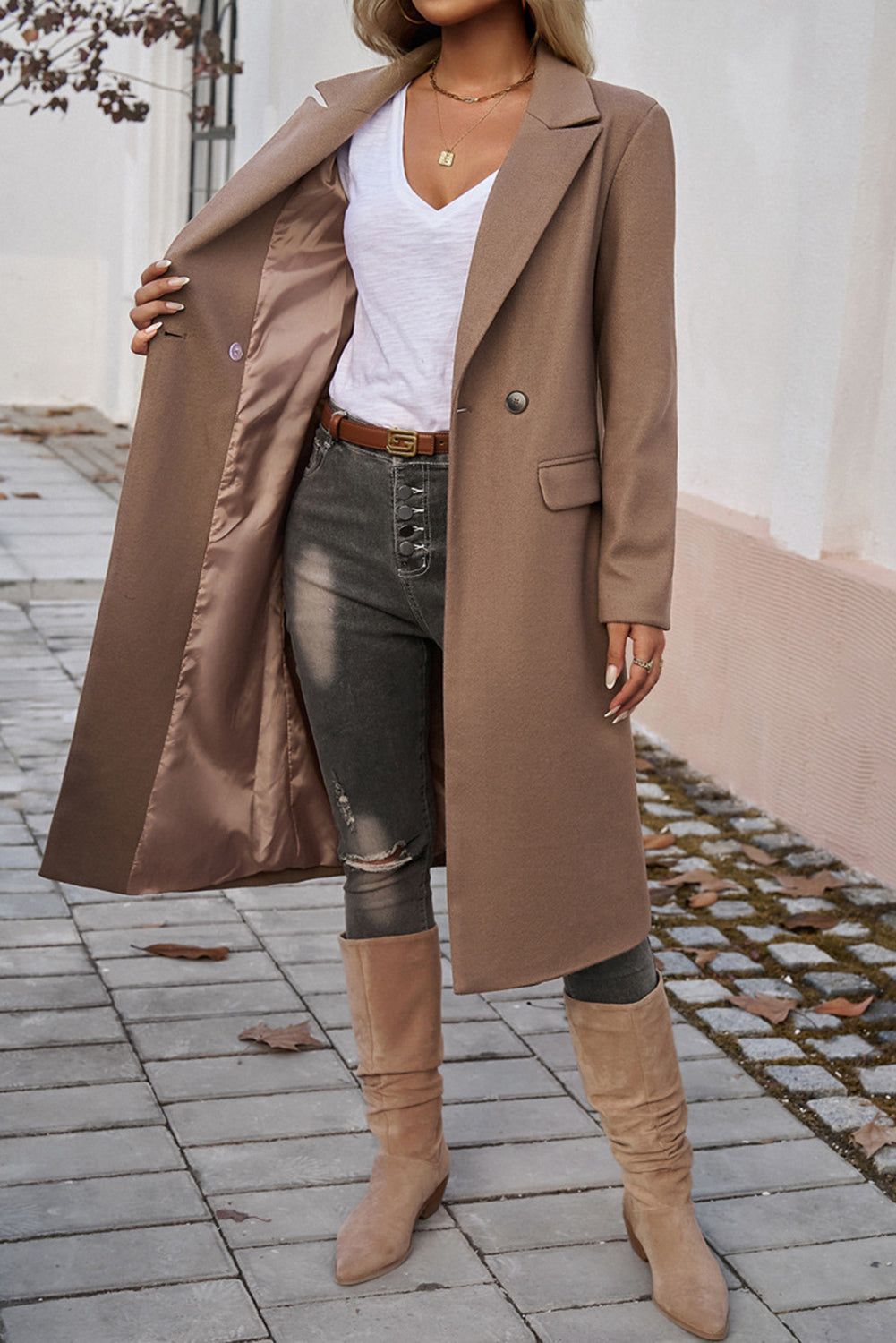 Single Collar Breasted Lapel Flap Pocket-Detail Overcoat in Dark Khaki