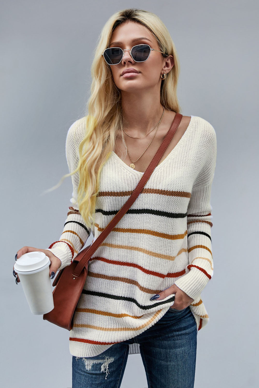 Women's Knit Sweater with Striped Loose Multicolor
