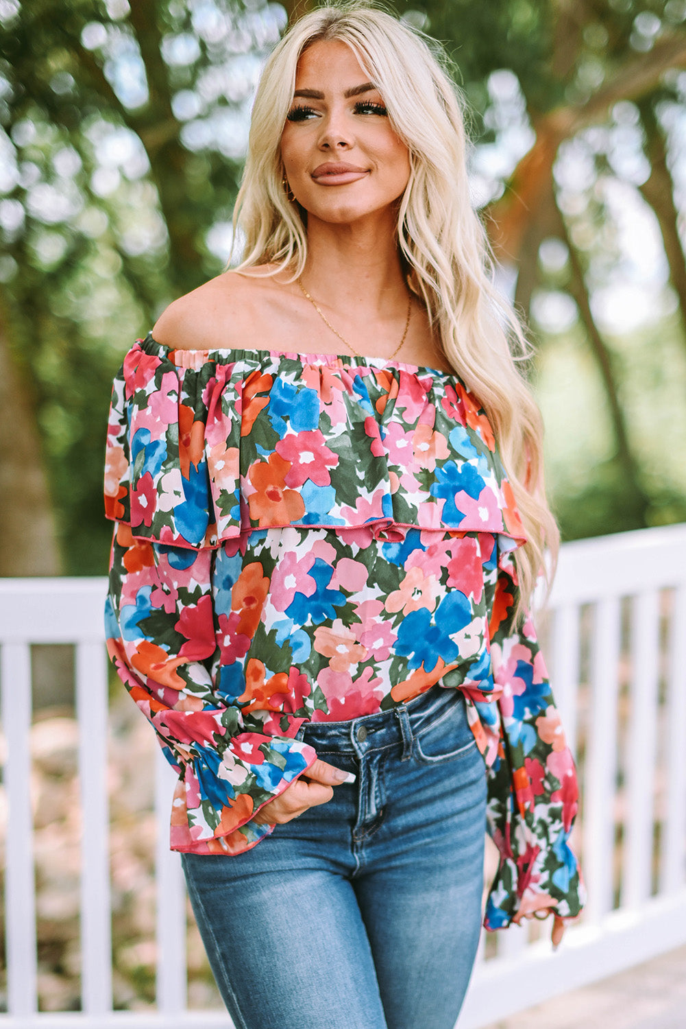 Women's Floral-Print Ruffle-Trimmed Off Shoulder Blouse