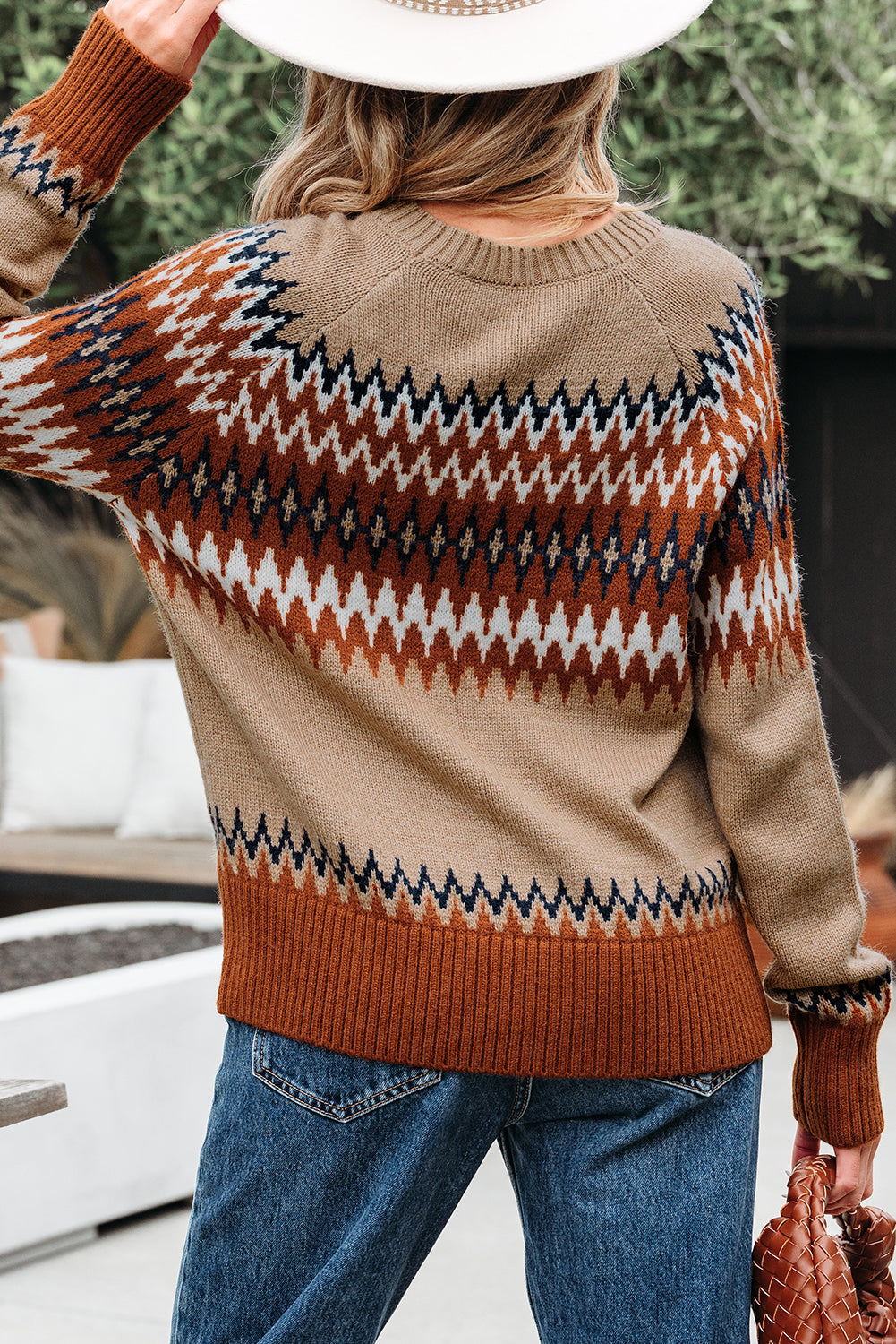 Colorblock Aztec Print Crew-Neck Knit Top
