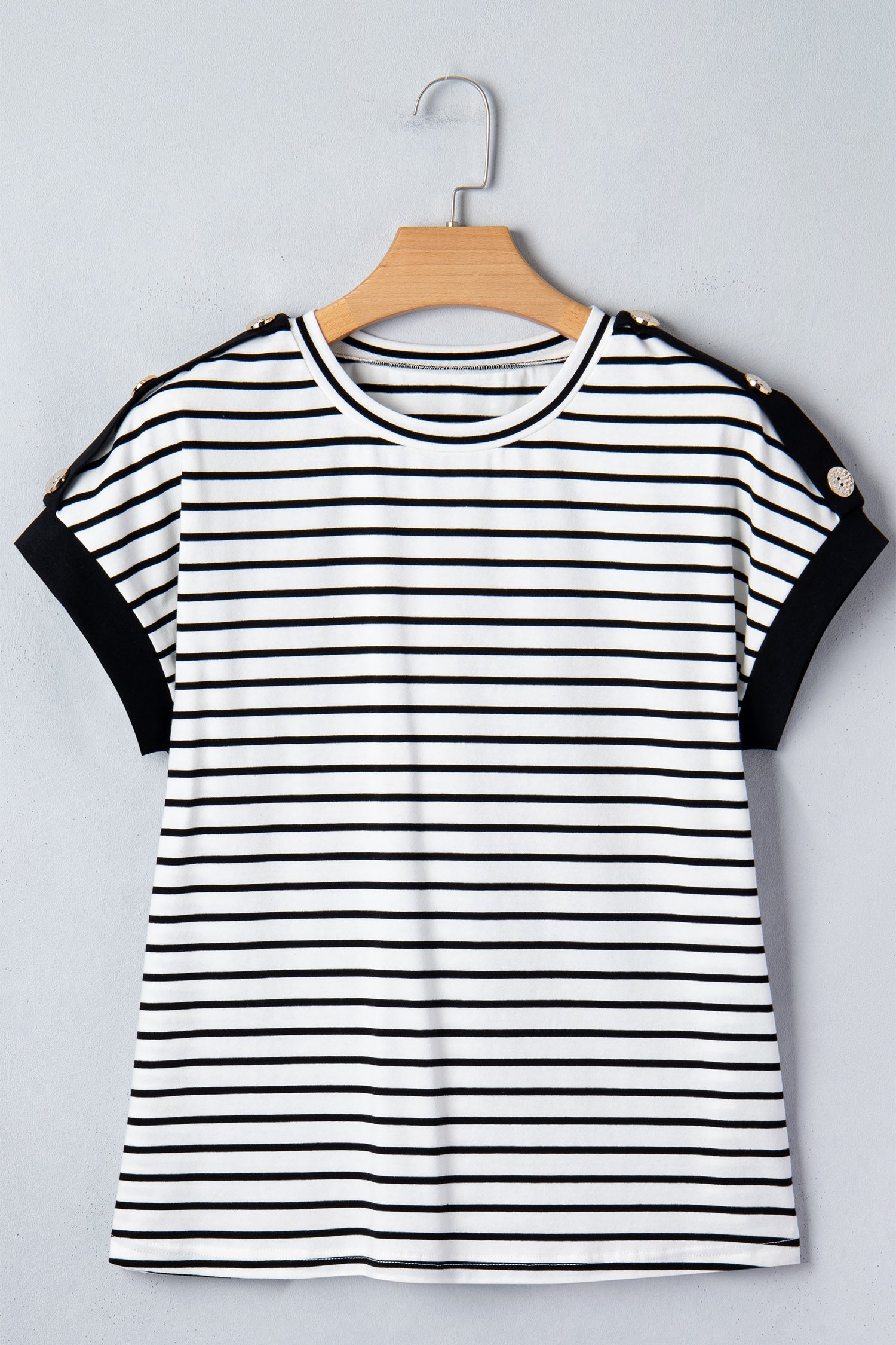 Cuffed Sleeve Stripe Sleeve Button Detail Loose Tee in Black
