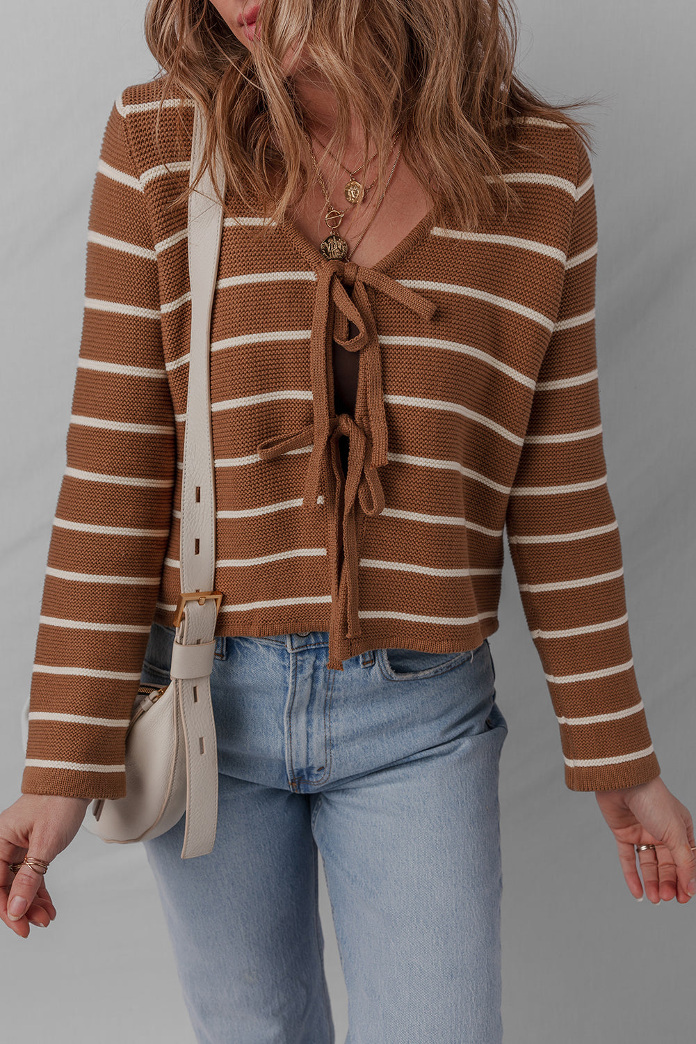 Front Striped Tie Striped Knit V-Neck Cardigan Knit Top