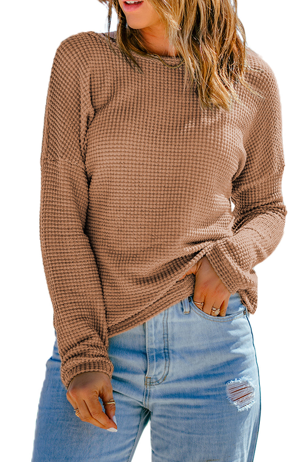 Top for Women Long-Sleeve Waffle Dropped-Shoulder