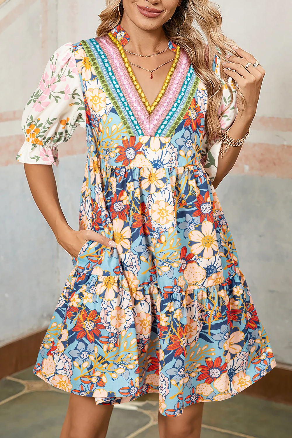 Boho Floral Print Crochet Patchwork V Neck Loose Mini Dress
