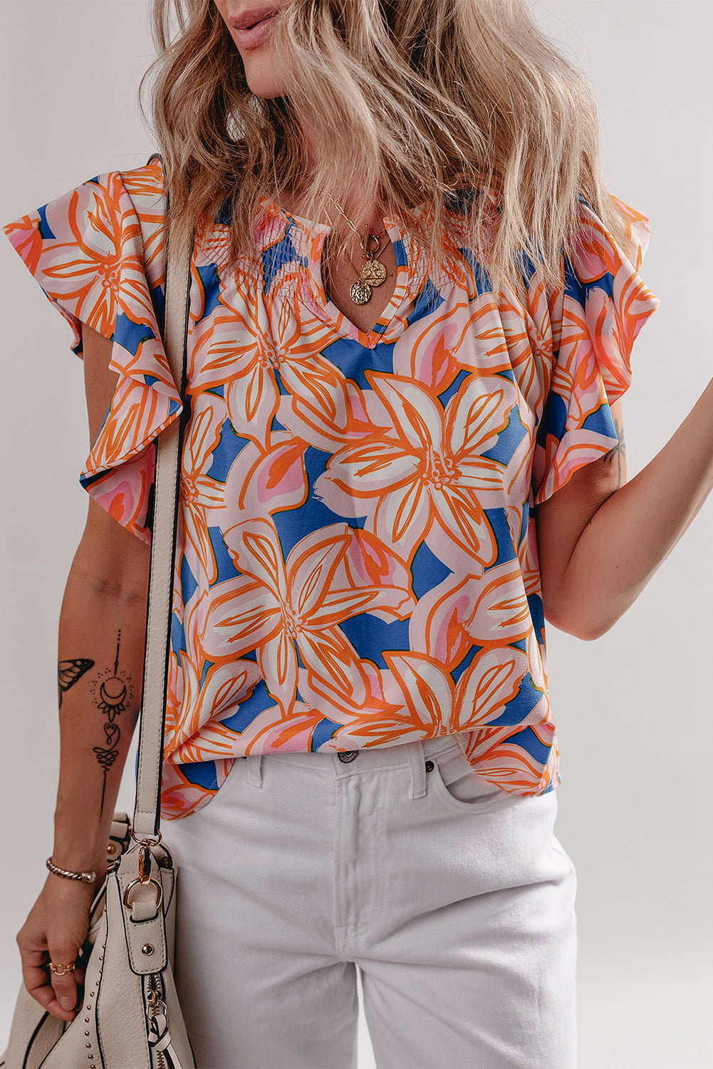 Summer Flower Print Notched Neck Ruffle Sleeve Blouse