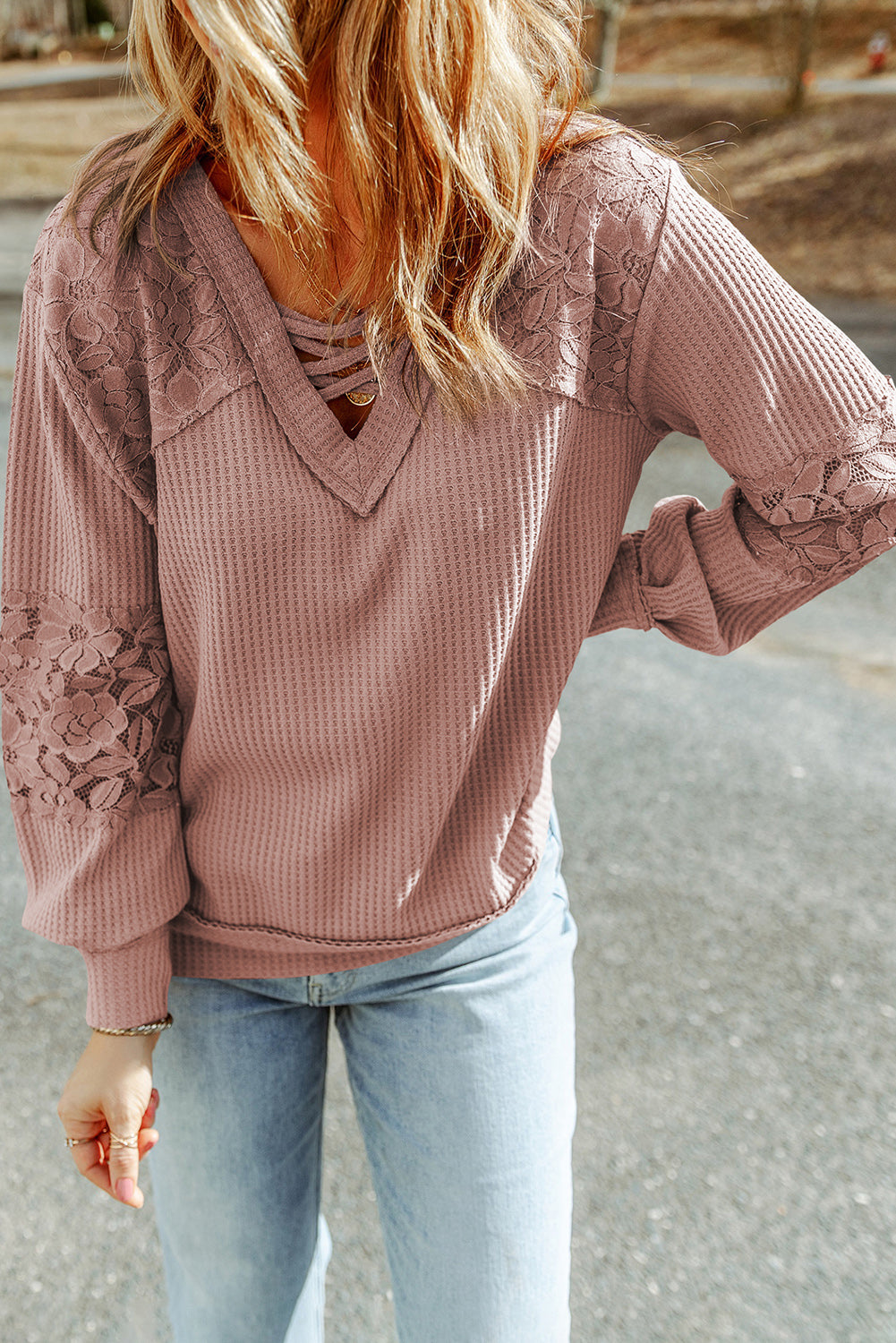 Women's Top with Long-Sleeve Lace-Trimmed Waffle V Neck