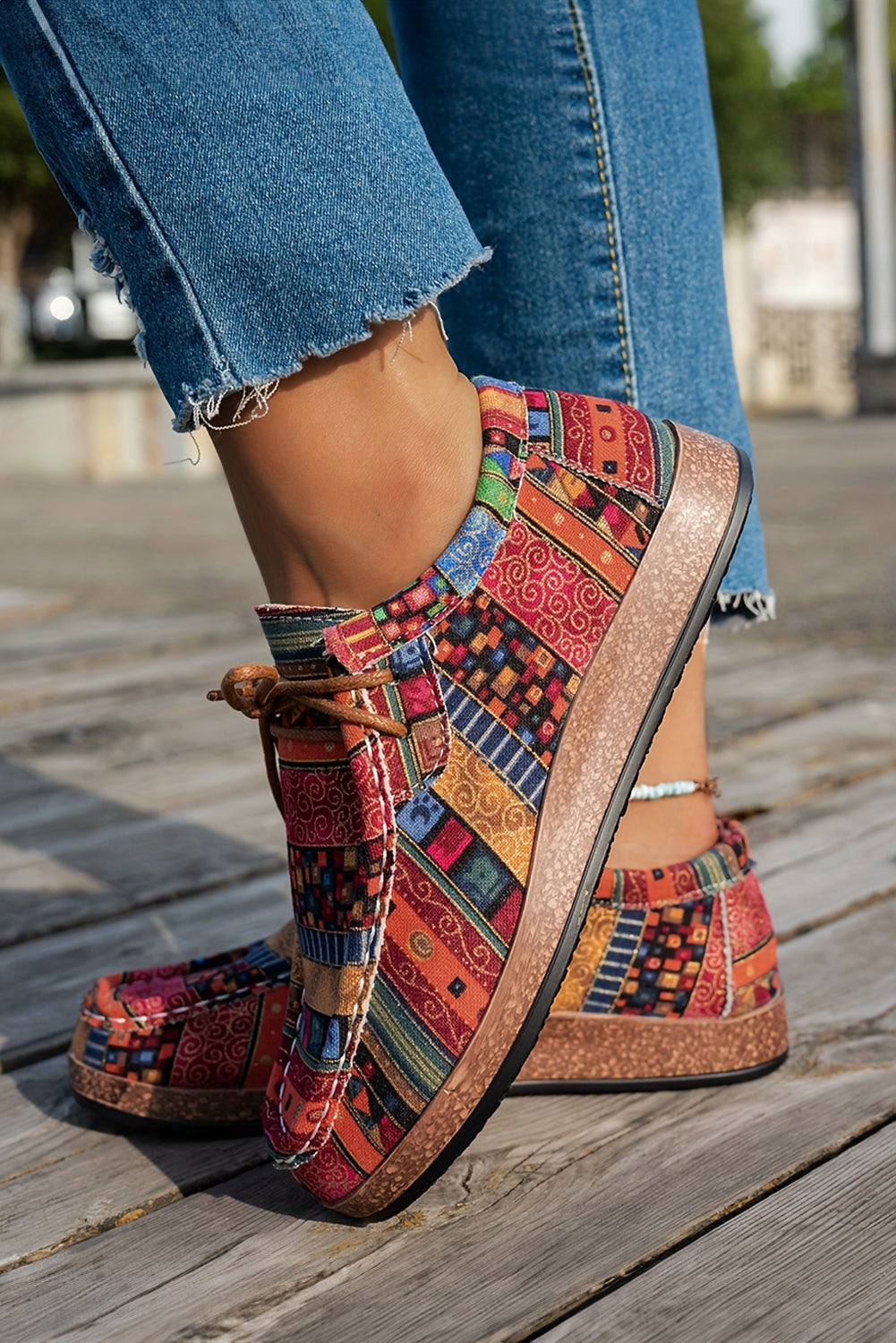 Print Faux Western Faux Suede Lace-up Decor Slip On Shoes