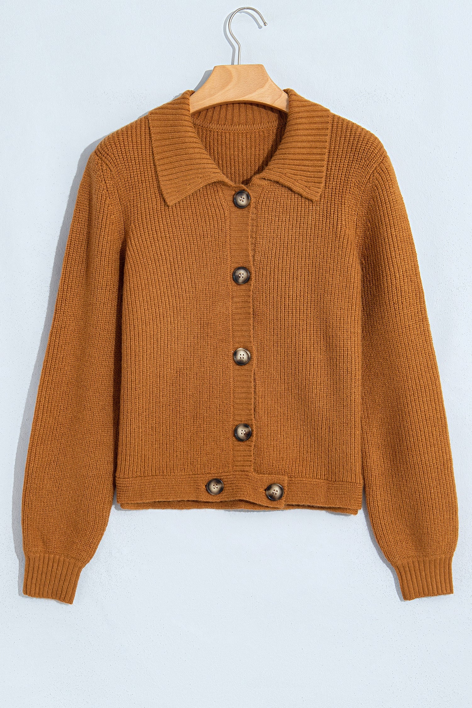 Mustard Collar Rib-Knit Knit Button Front Long-Sleeved Cardigan