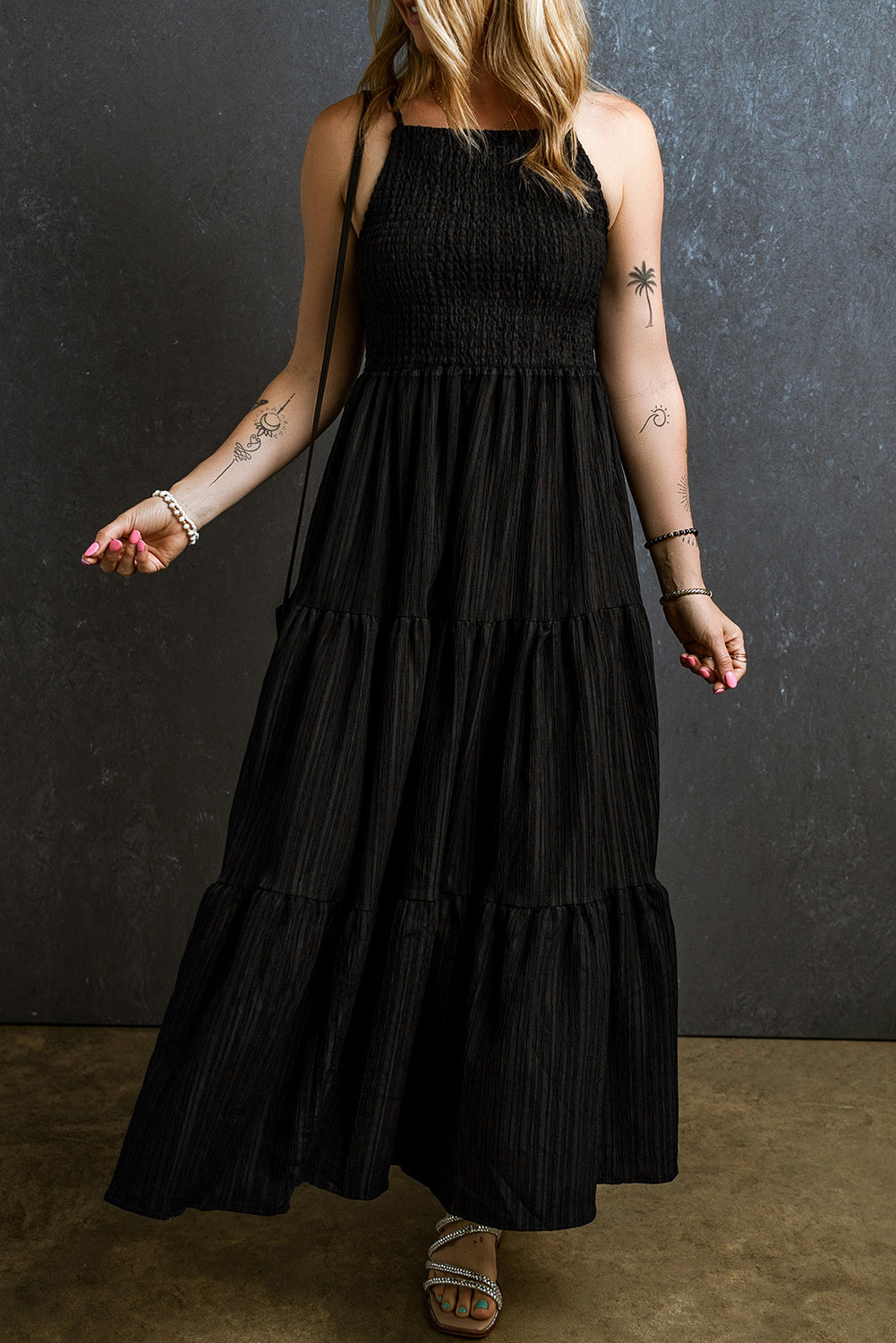Maxi Dress for Women Layered Spaghetti Straps Pleat-Detail