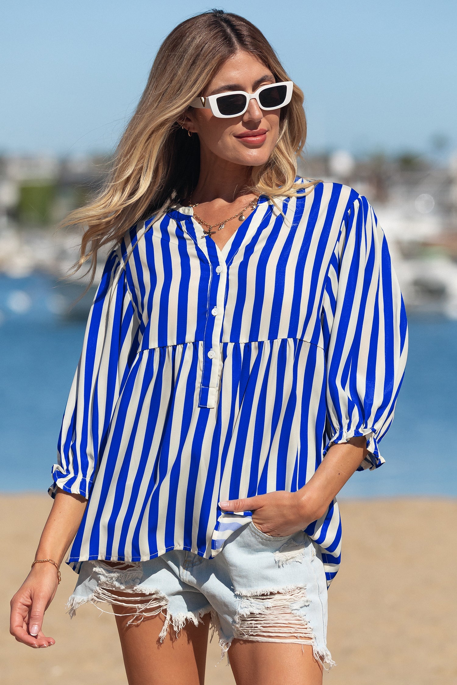 Balloon Sleeve Loose Button-Front Shirt