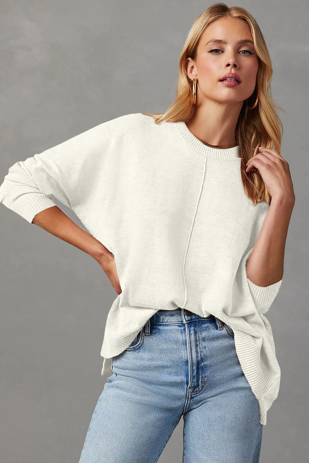 Center Seam Front Seam Drop-Shoulder Pullover Solid Knit Top