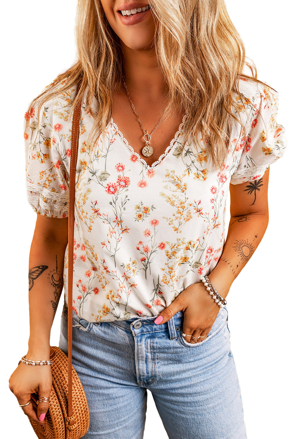 Women's Blouse with Lace-Trimmed Bohemian Floral-Print