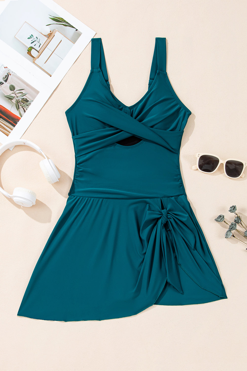 Adjustable Straps Cutout Ruched Knot Slit One Piece Swim Dress