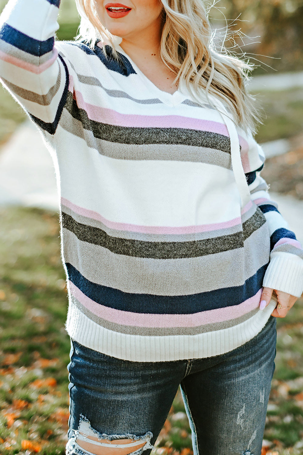 Women's Knit Sweater Featuring Striped Hooded Plus Size
