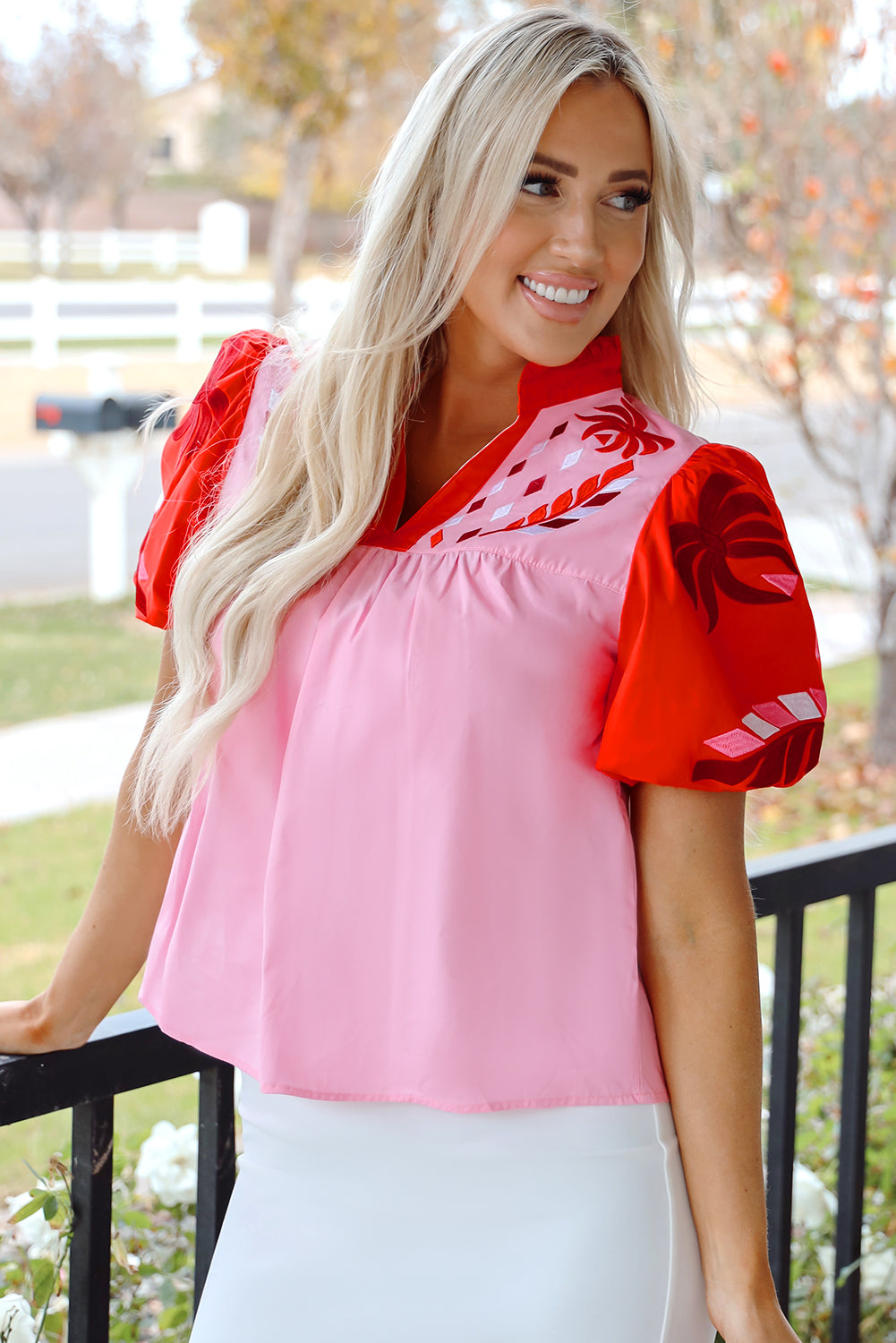 Floral Embroidered Notch V Neck Babydoll Blouse