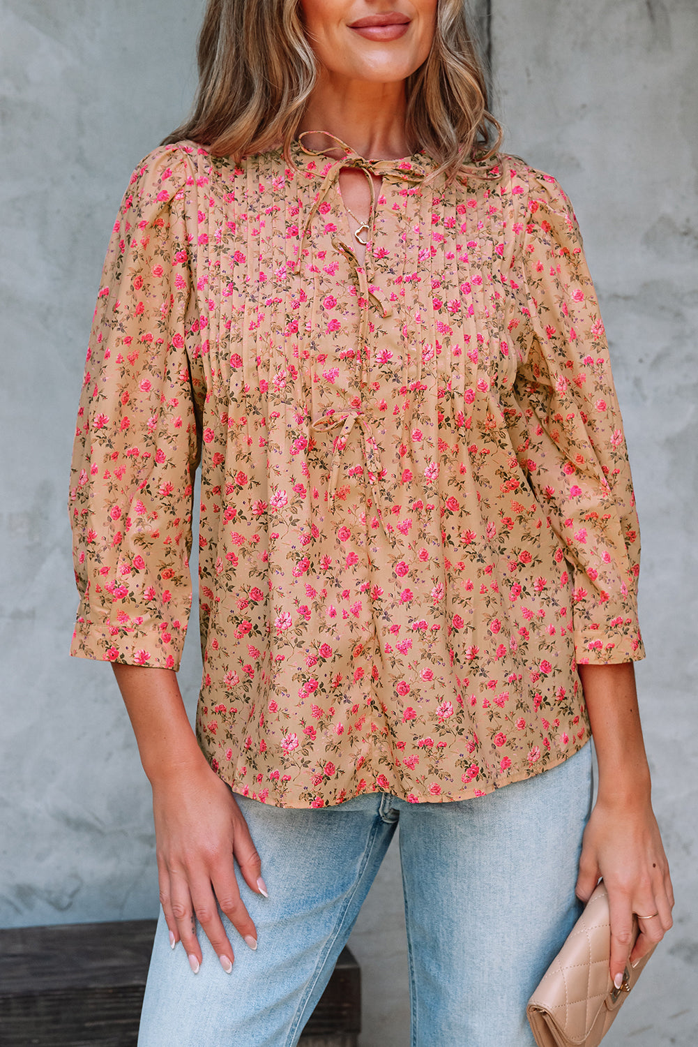 Floral-Print Bow Pintuck Bust Half Puff Sleeve Blouse Top