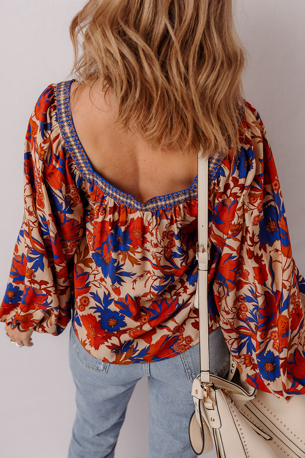 Floral-Print Square Neck Backless Easy-Fit Fit Blouse