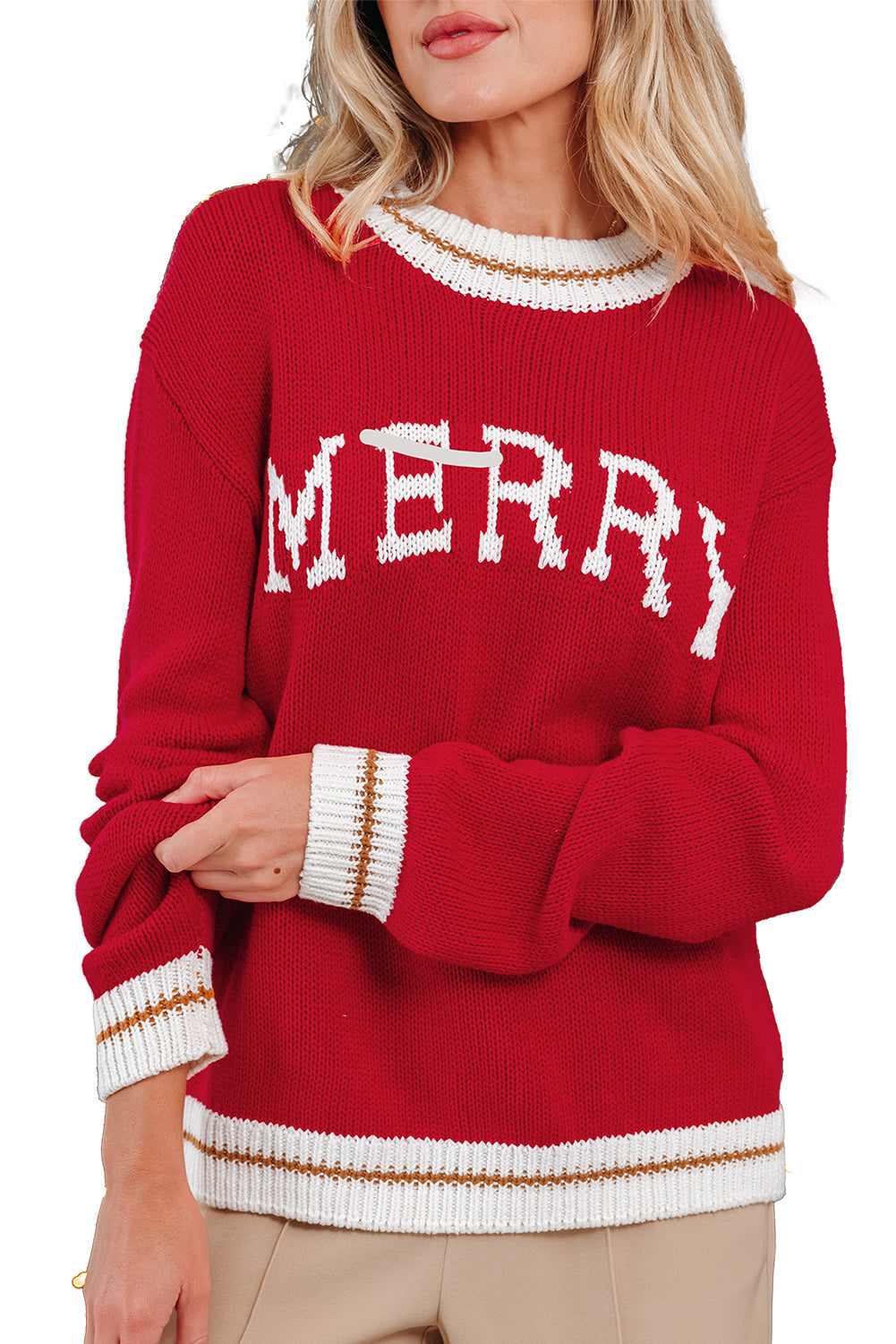 Colorblock Edge MERRY Edge Drop-Shoulder Cozy Knit Top