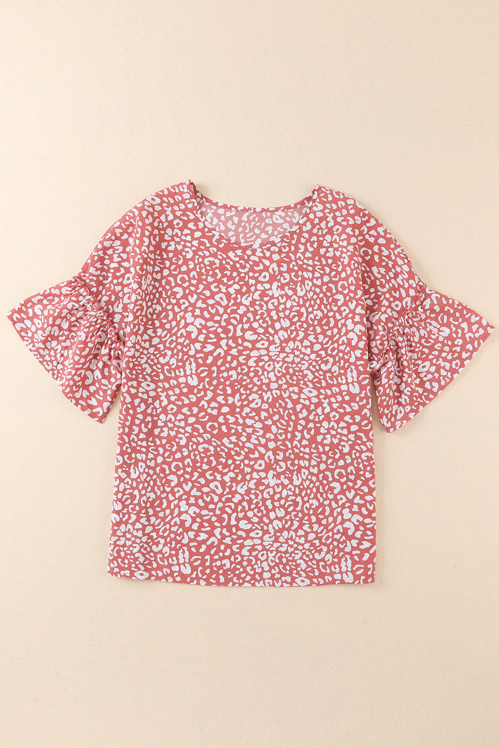 Women's T-shirt Featuring Leopard-Print Ruffle-Trimmed Sleeve