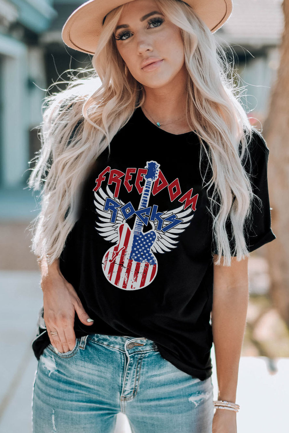 Tee for Women American Flag Guitar Print Crew Neck