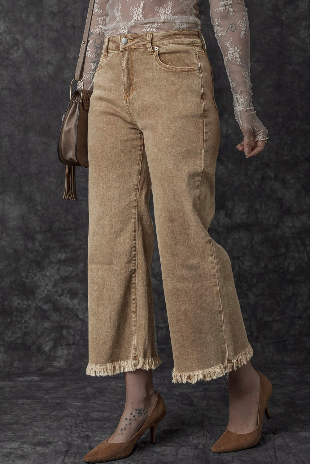 Women's Jeans Featuring Acid Washed High Rise Cropped Wide-Leg