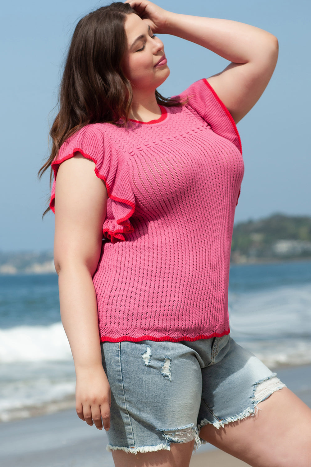 Women's Sweater with Size Short-Sleeve Trim Plus