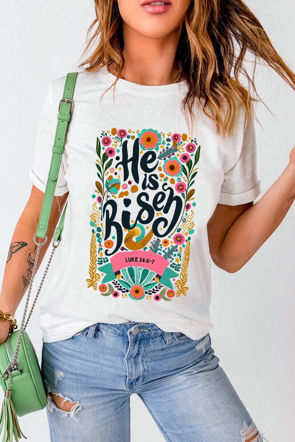 Women's T Shirt Featuring He Is Risen Floral-Print Print Round Neck