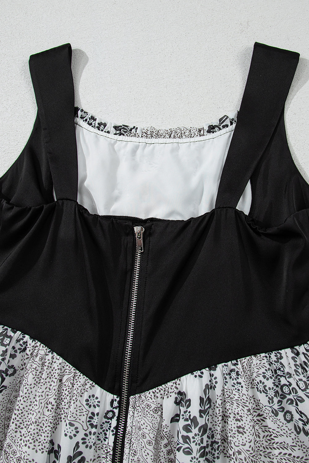 Black Sleeveless Leather Bustier Patchwork Paisley Floral Chiffon Dress
