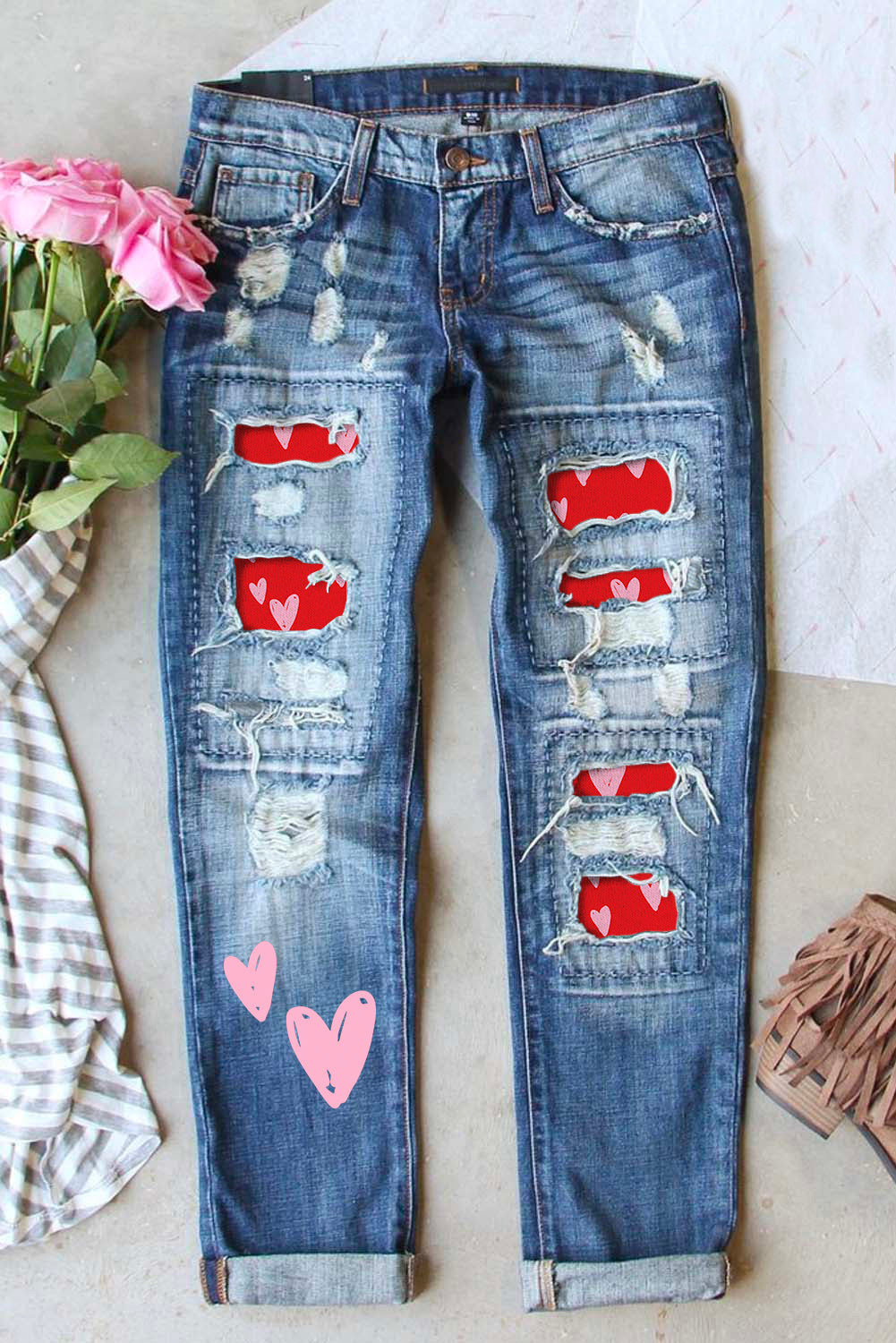 Women's Heart Shaped Straight Leg Distressed Jeans