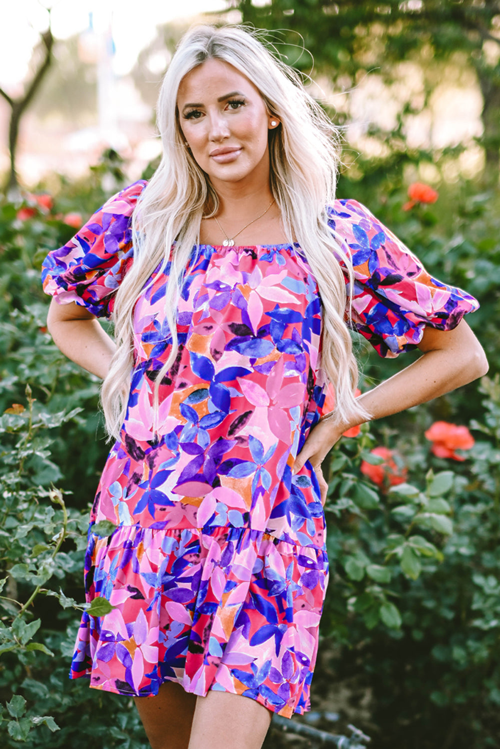 Women's Dresses with Flower Short-Sleeve Ruffle-Trimmed