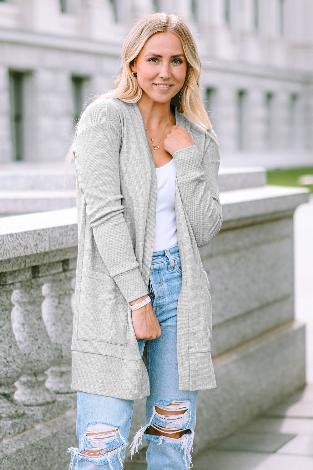Women's Knit Cardigan with Thermal Waffle