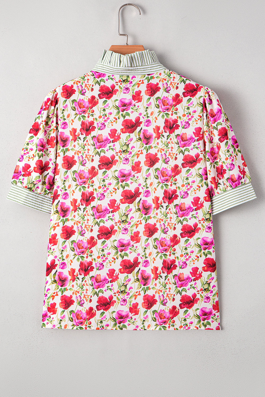 Floral-Print Collared Striped Patchwork Short-Sleeved Blouse