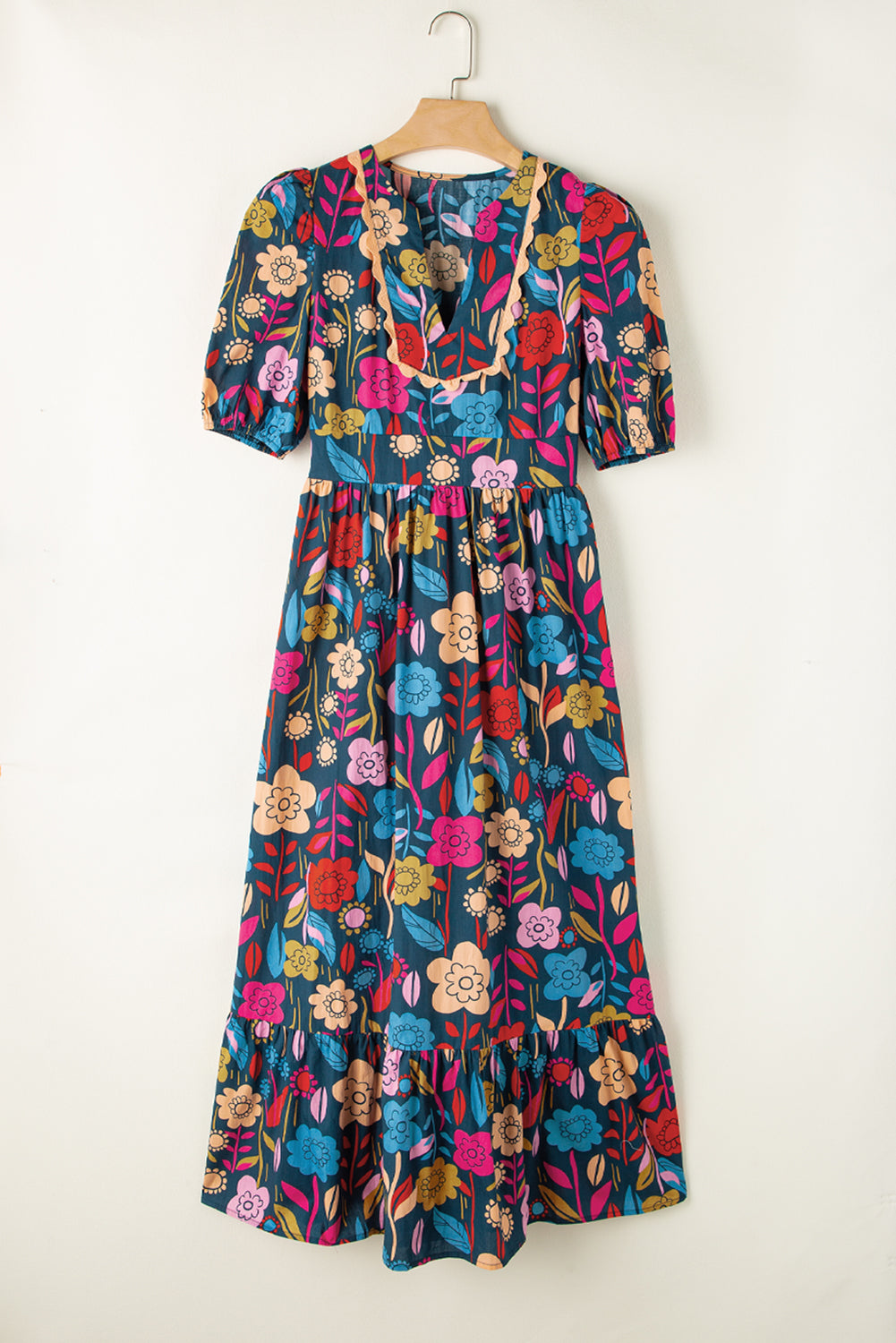 Women's Maxi Dress Featuring Retro Floral-Print Split Neck