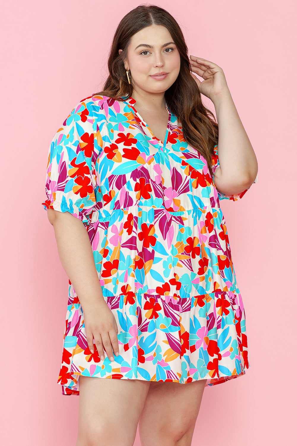 Women's Dress with Plus Floral-Print Layered V Neck