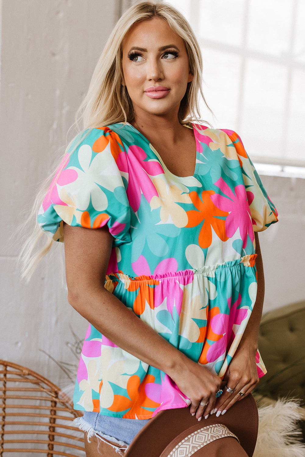 Floral Print Bubble Sleeve V Neck Peplum Blouse
