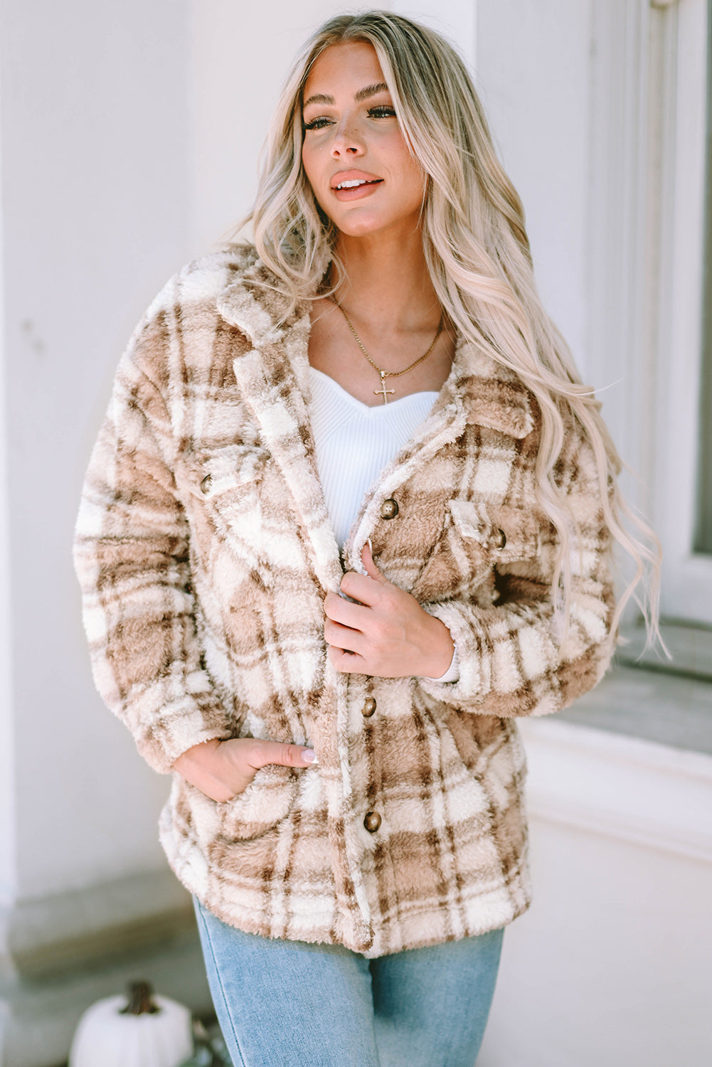 Women's Jacket with Sherpa Plaid Button